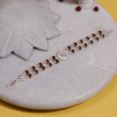 Silver Rakhi with Rudraksha and Om in the Middle, Double Line Design