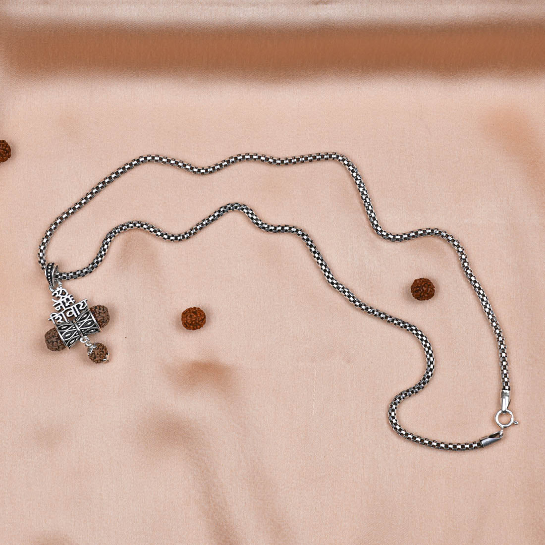 Rudraksha Om Namah Shivay Damru Pendant with Silver Chain