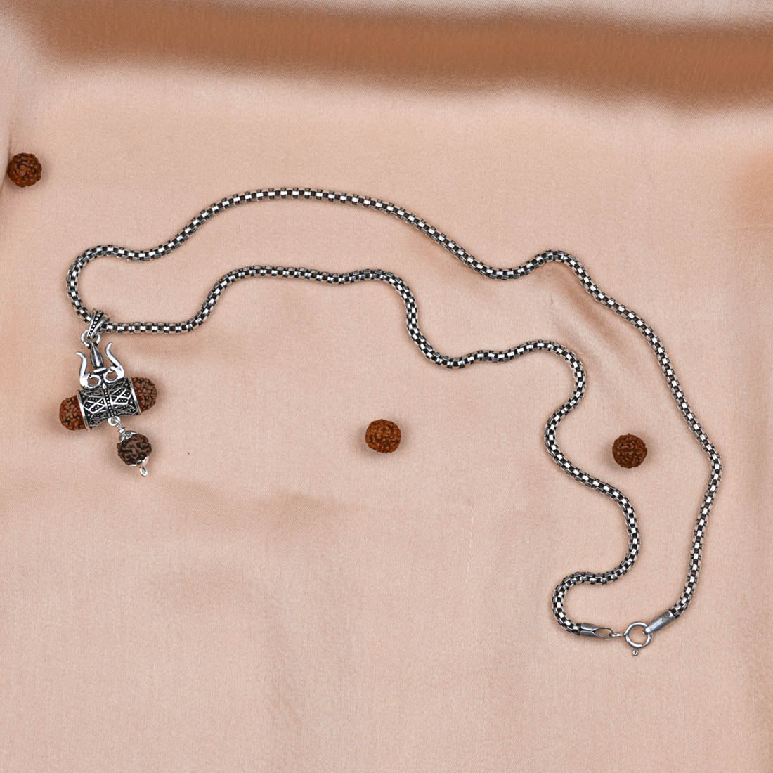 Rudraksha Trishul and Damru Pendant with Silver Chain