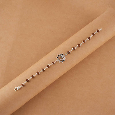 Rudraksha silver bracelet with Om in Pointed Circle single line