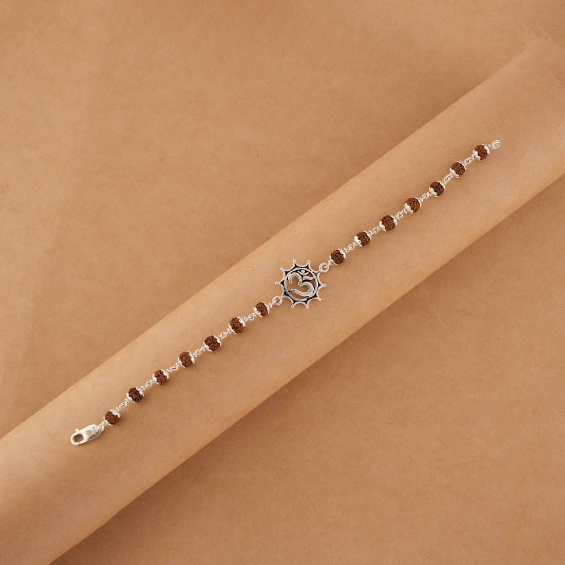 Rudraksha silver bracelet with Om in Pointed Circle single line