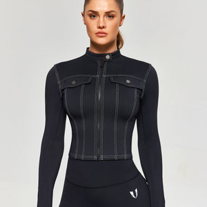 Contrast Stitching Moto Jacket - Black