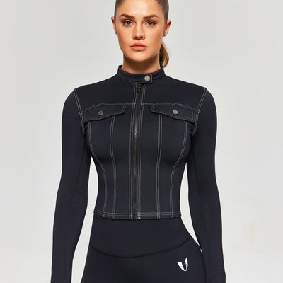 Contrast Stitching Moto Jacket - Black