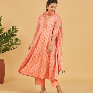 Peach Floral Printed Kurta Set With Matching Dupatta