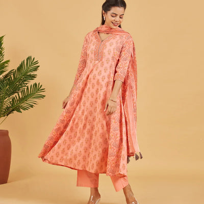 Peach Floral Printed Kurta Set With Matching Dupatta