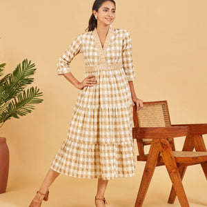 Beige And Gold Embroidered  Dress