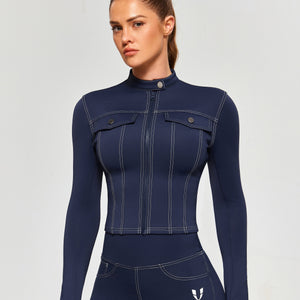 Contrast Stitching Moto Jacket - Navy Blue