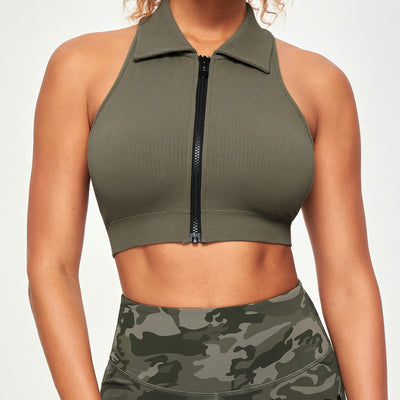 Ribbed Full Zip Padded Tank Top - Olive Green