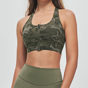 Zip Front Sports Bra - Green Camo