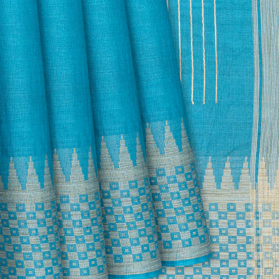 Light Blue Woven Tussar Silk Saree With Square Motifs-Light Blue