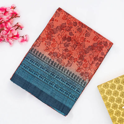 Red Tussar Silk Saree Is Printed With Floral Motifs