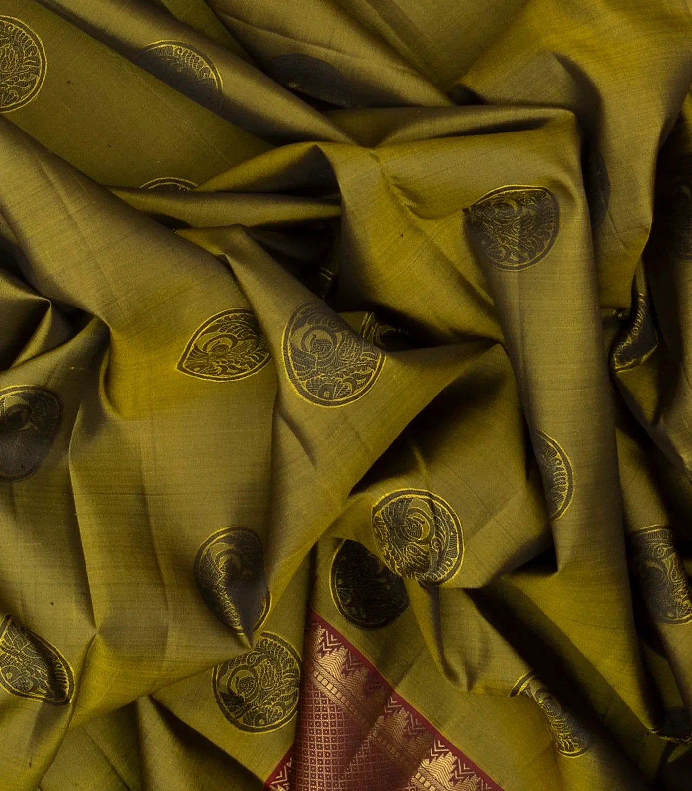 Bonsai Green Handloom Kanchipuram Silk Saree With Kalamkari Motifs Pallu