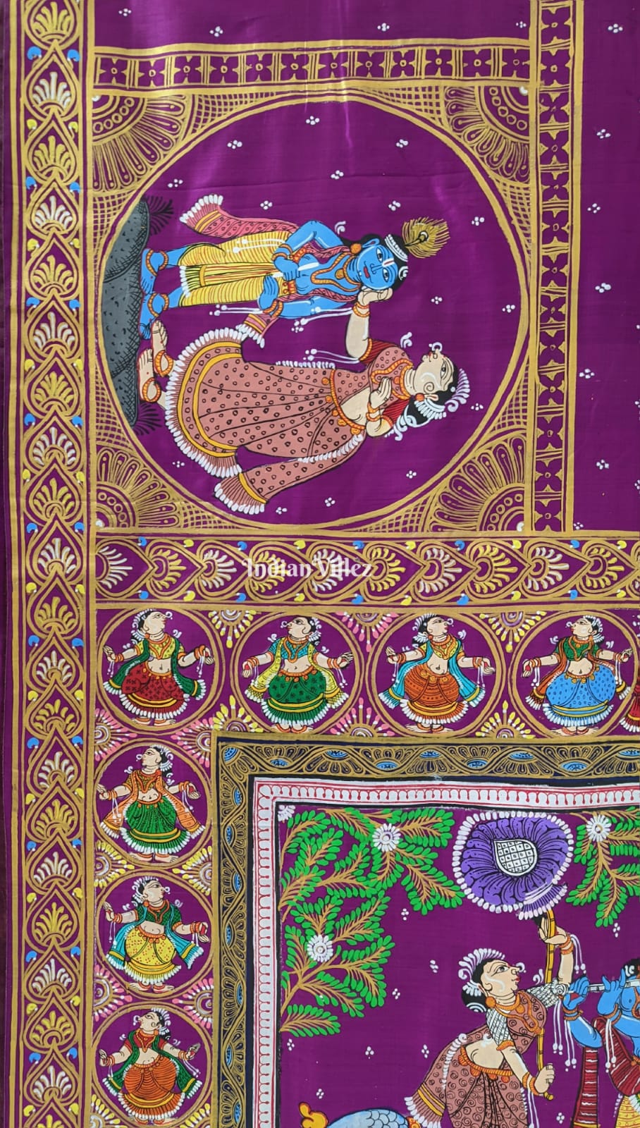 Purple Krishna Leela Pattachitra Hand-Painted Pattachitra Saree