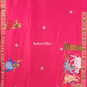 Pink Krishna Janmashtami Theme Hand-Painted Pattachitra Saree