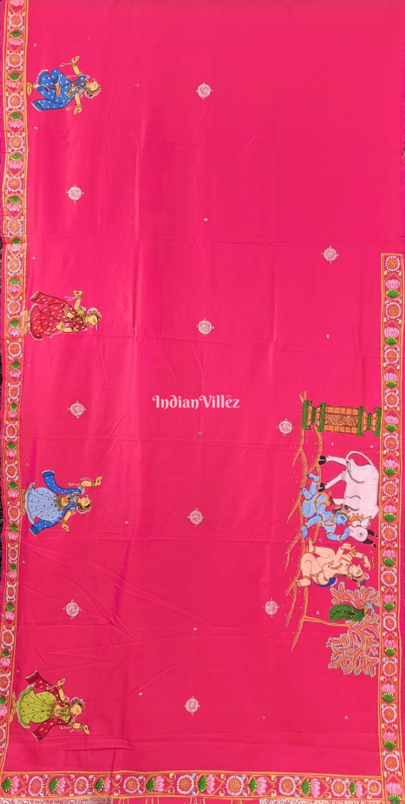 Pink Krishna Janmashtami Theme Hand-Painted Pattachitra Saree