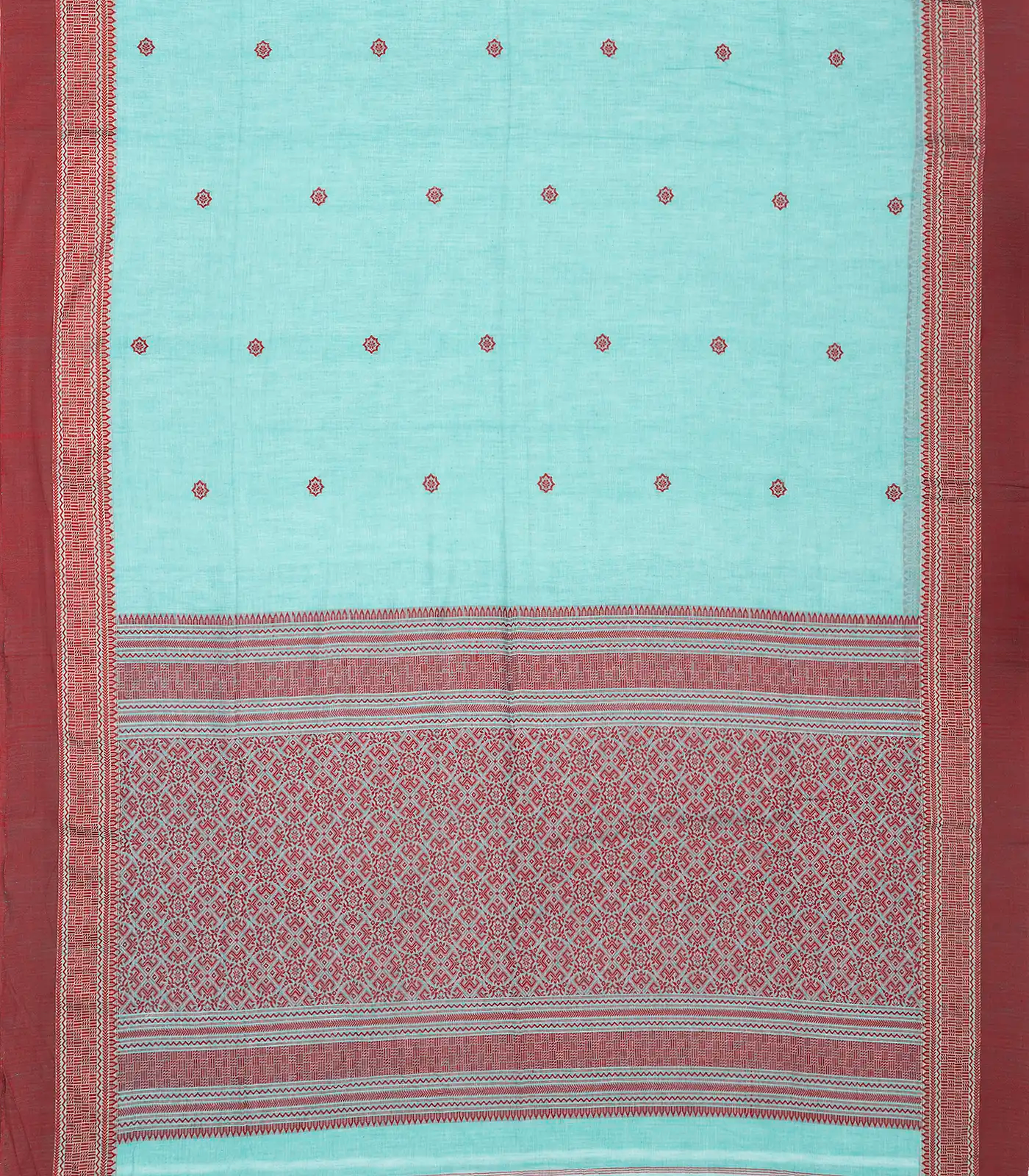 Light Blue Handloom Bengal Cotton Saree With Floral Buttas