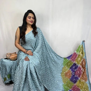 Pure Modal Silk Barik Bandhej Lagdi Pallu Bandhani Saree