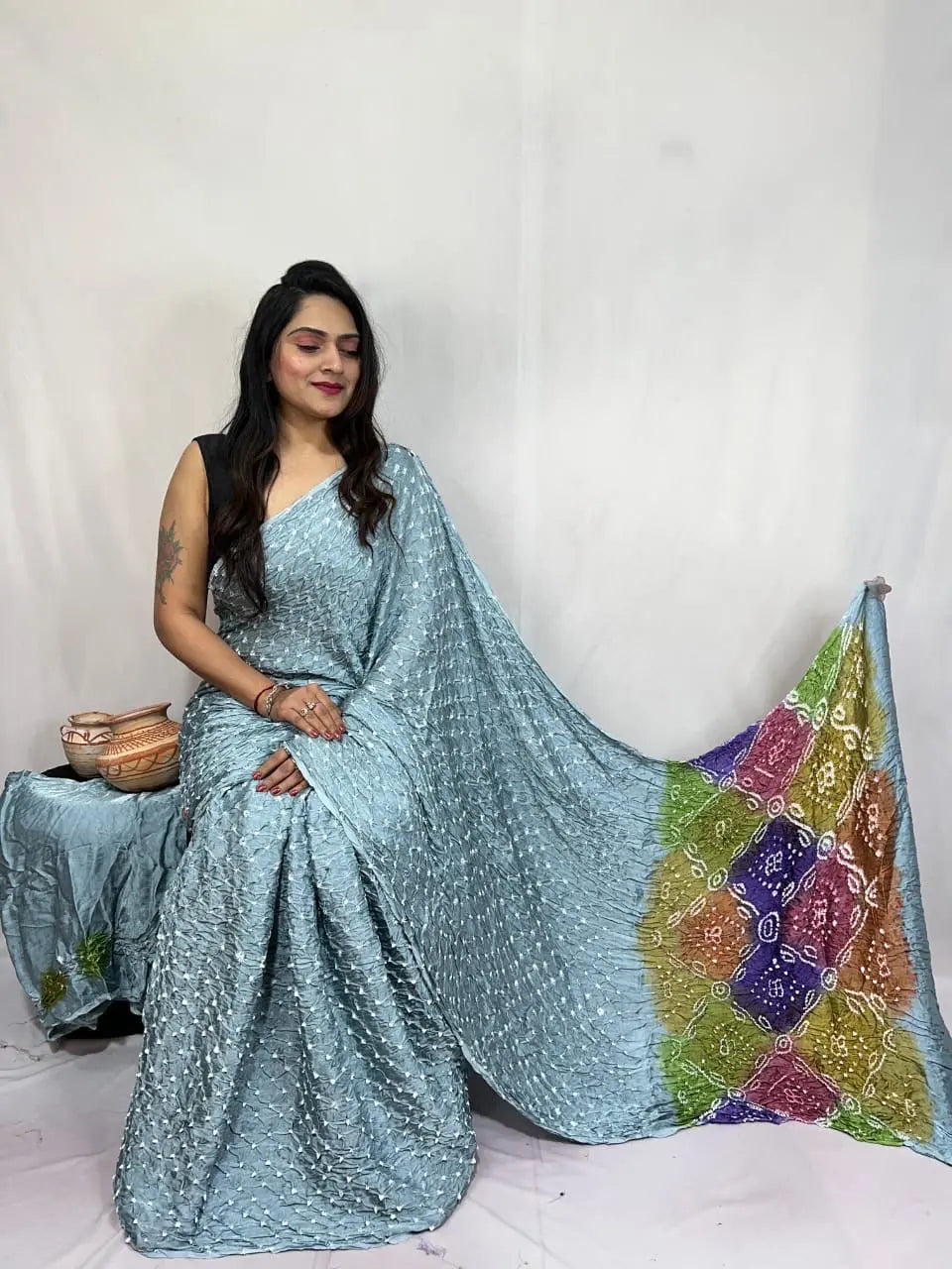 Pure Modal Silk Barik Bandhej Lagdi Pallu Bandhani Saree