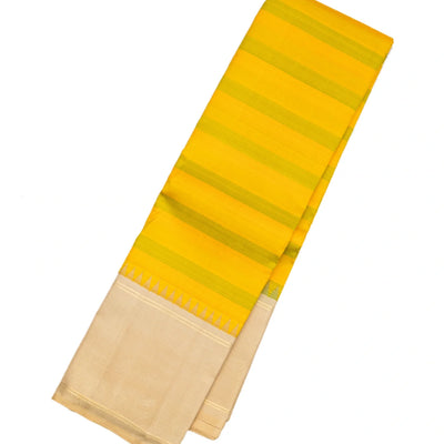 Mustard & Green Handloom Kanchipuram Korvai Silk Saree With Stripes