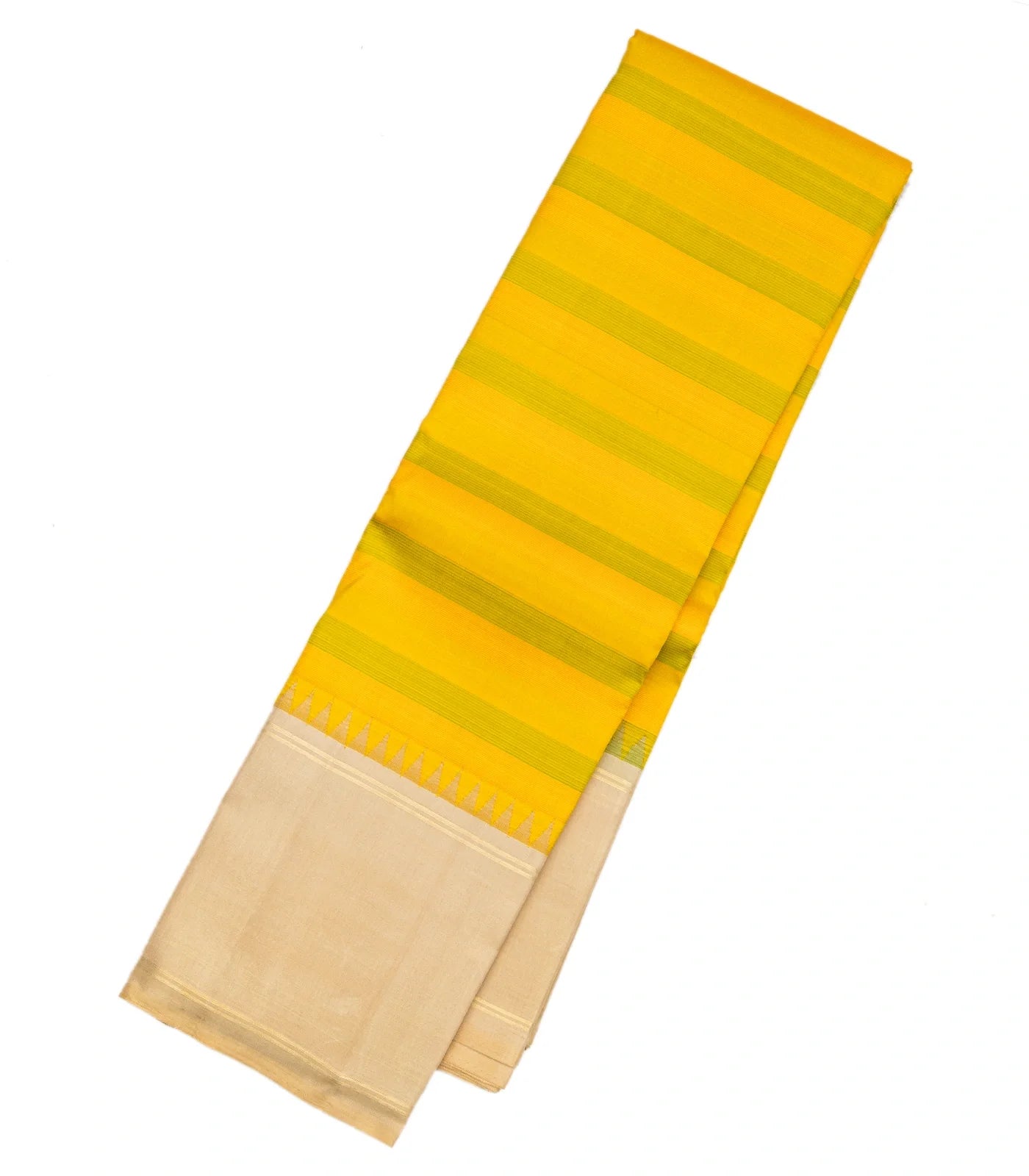 Mustard & Green Handloom Kanchipuram Korvai Silk Saree With Stripes