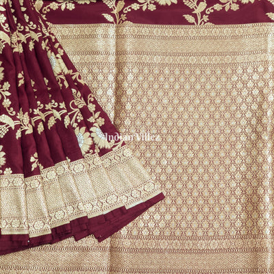 Wine Floral Motif Designer Banarasi Katan Silk Saree