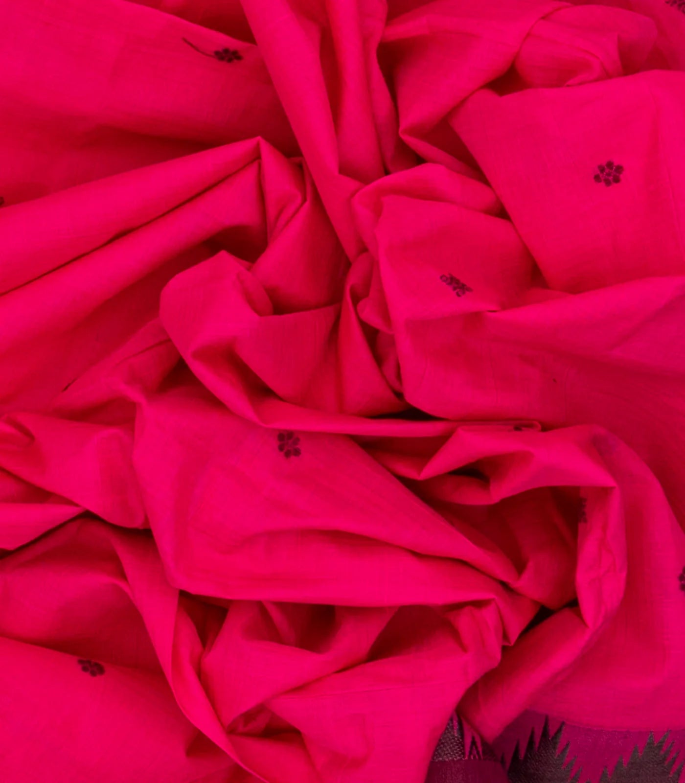 Hot Pink Chettinad Cotton Saree With Kamalam Buttas & Temple Border