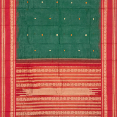 Dark Green Handloom Korvai Kanchi Cotton Saree With Annam Buttas