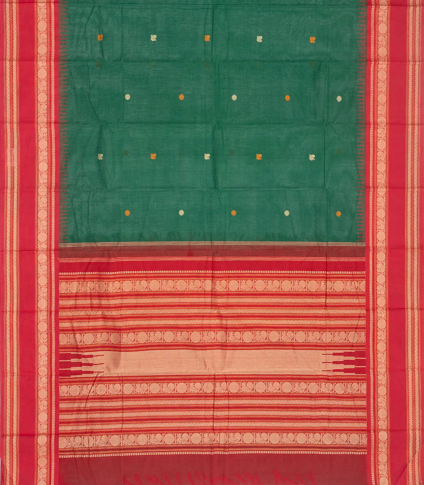 Dark Green Handloom Korvai Kanchi Cotton Saree With Annam Buttas