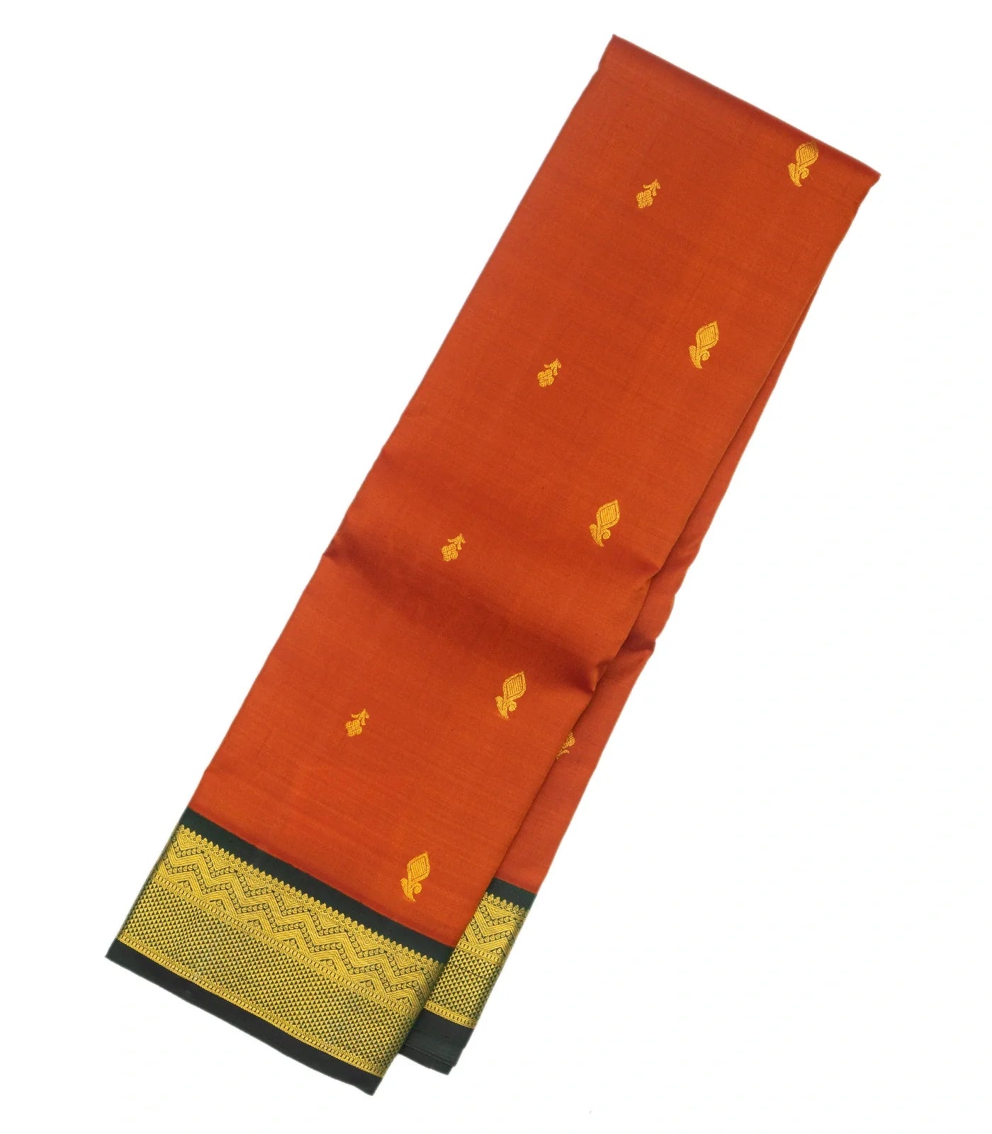 Rust Handloom Kanchipuram Korvai Silk Saree With Floral Buttas