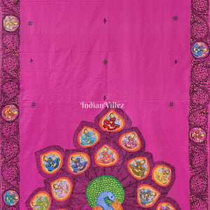 Royal Pink PEACOCK (Mayur) & Nartaki Theme Pattachitra Silk Saree