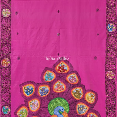 Royal Pink PEACOCK (Mayur) & Nartaki Theme Pattachitra Silk Saree