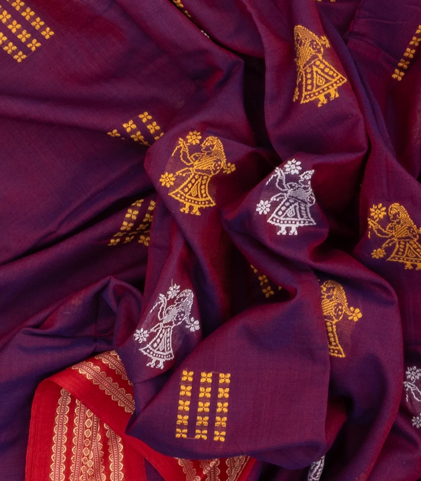 Purple Handloom Orissa Cotton Saree With Contrast Red Border