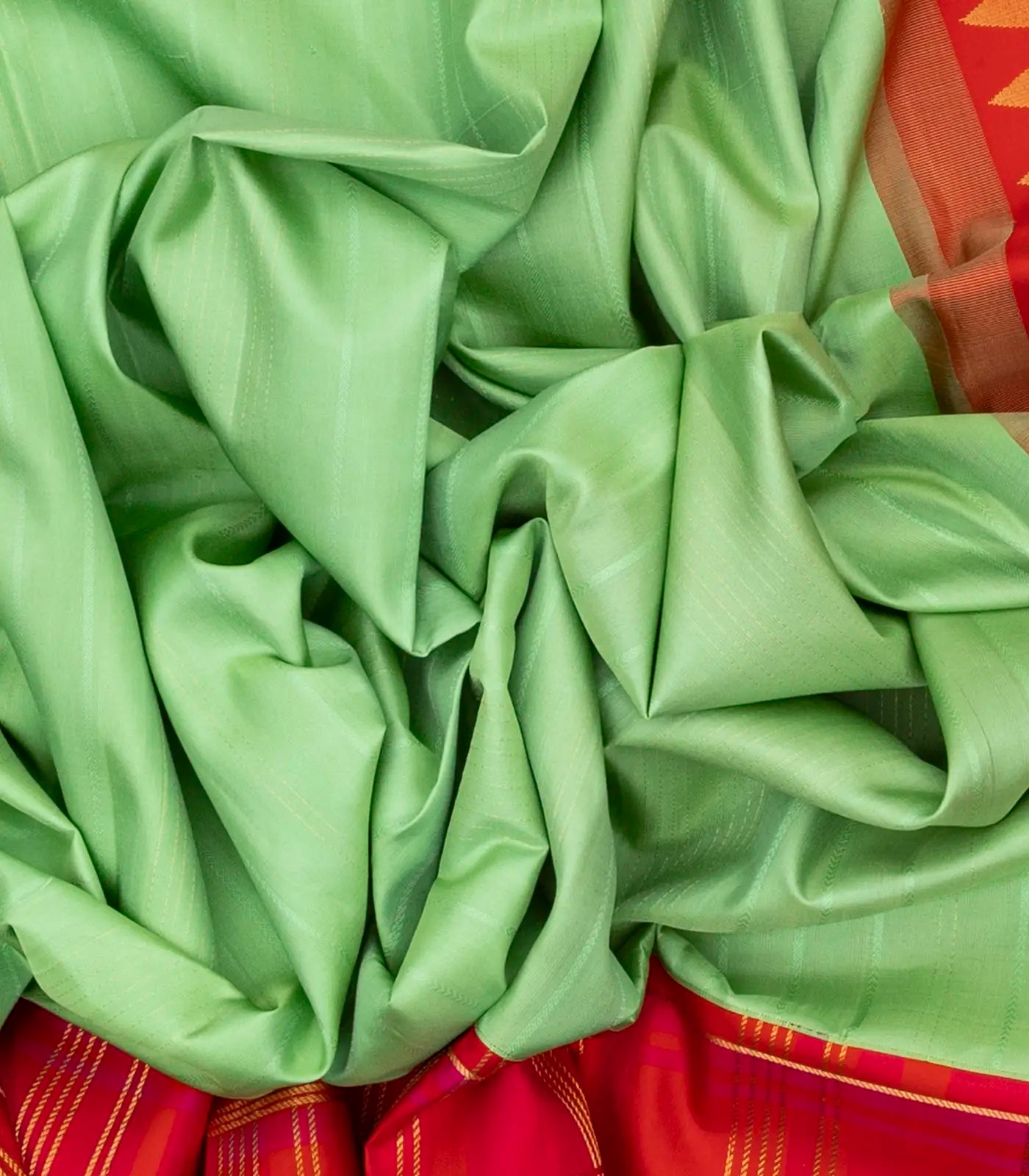 Pista Green Handloom Soft Silk Saree With Stripes & Contrast Red Border