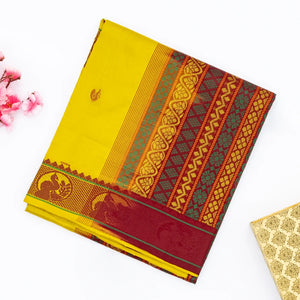 Lemon Yellow Handloom Poly Cotton Saree With Annam Buttas & Crimson Pallu