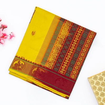 Lemon Yellow Handloom Poly Cotton Saree With Annam Buttas & Crimson Pallu