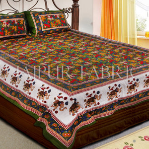 Green Base jaipur Handmade animal print bedsheet With pillow Covers