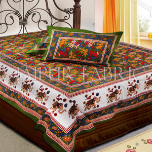 Green Base jaipur Handmade animal print bedsheet With pillow Covers