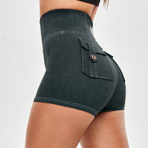 High Waist Cargo Shorts - Denim Green