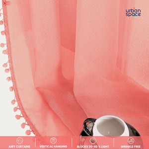 Sheer Curtain for Living Room with linen texture, Net Curtain for balcony, Pack of 2 Curtains - Peach with pom pom