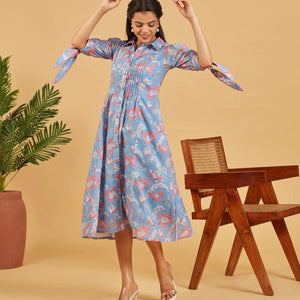 Blue Floral Printed Shirt Dress