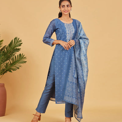 Cobalt Blue Kurta Set With Matching Dupatta