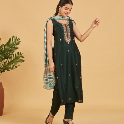 Bottle Green Embroidered Festive Kurta Set