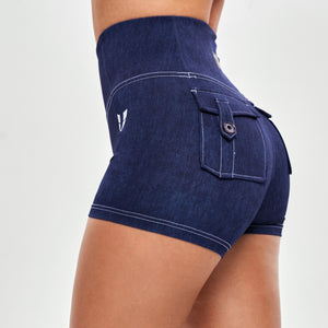 High Waist Cargo Shorts - Denim Blue