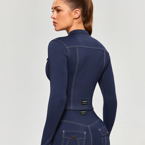 Contrast Stitching Moto Jacket - Navy Blue