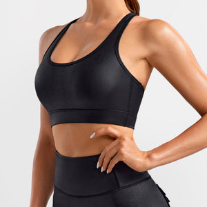 Faux Leather Active Bra - Black