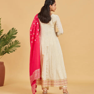 Cream Anarkali Suit With Contrast Fuchsia Pink Dupatta