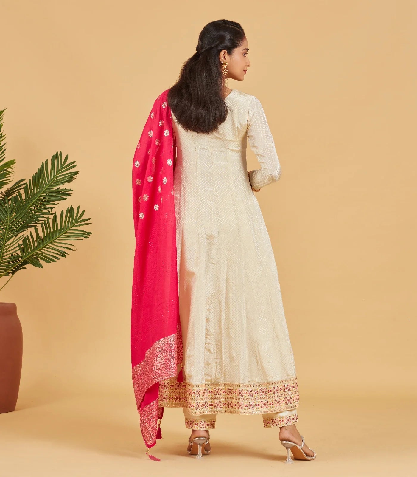 Cream Anarkali Suit With Contrast Fuchsia Pink Dupatta
