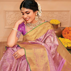 Bubblegum Pink Handloom Kanchipuram Silk Saree With Floral Zari Motifs