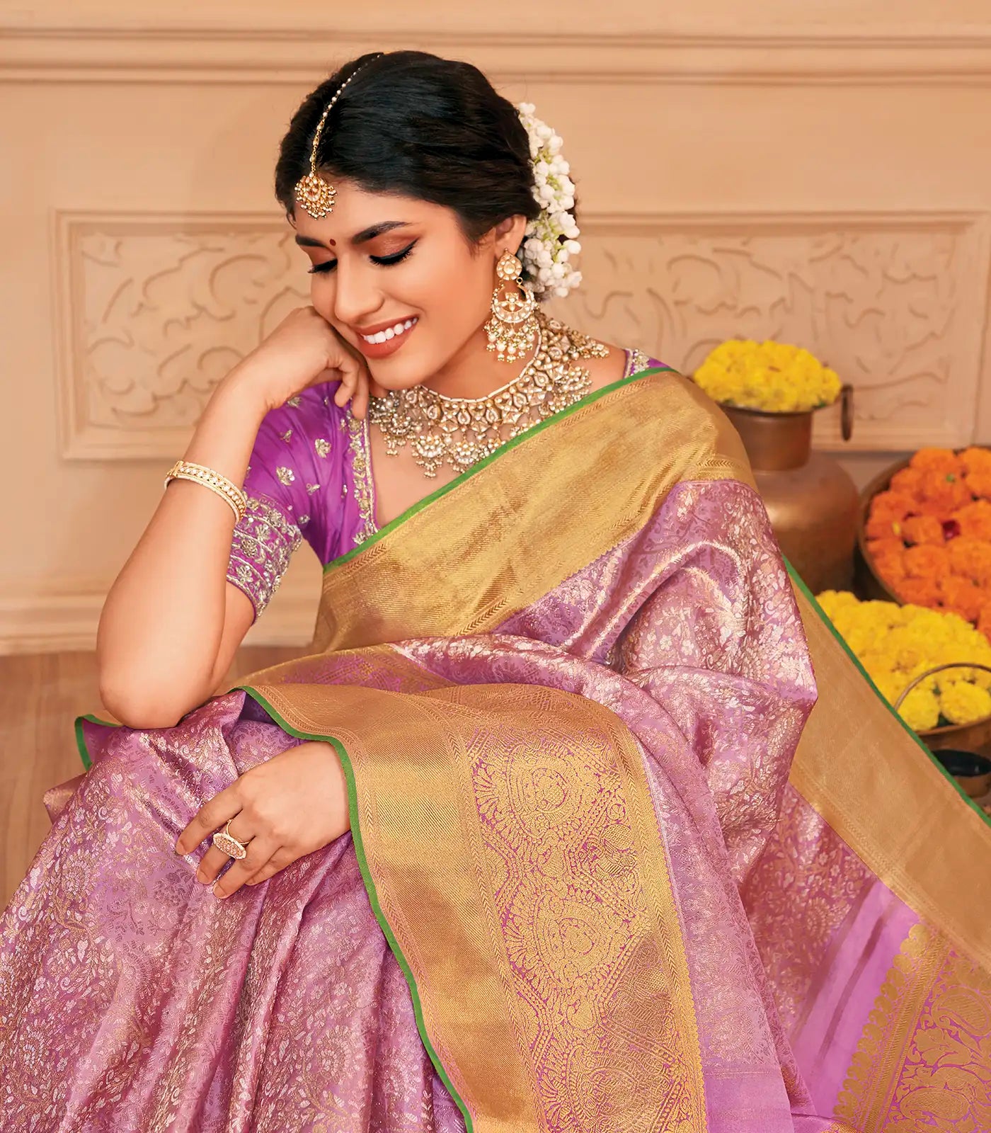 Bubblegum Pink Handloom Kanchipuram Silk Saree With Floral Zari Motifs