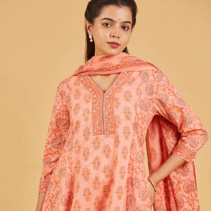 Peach Floral Printed Kurta Set With Matching Dupatta